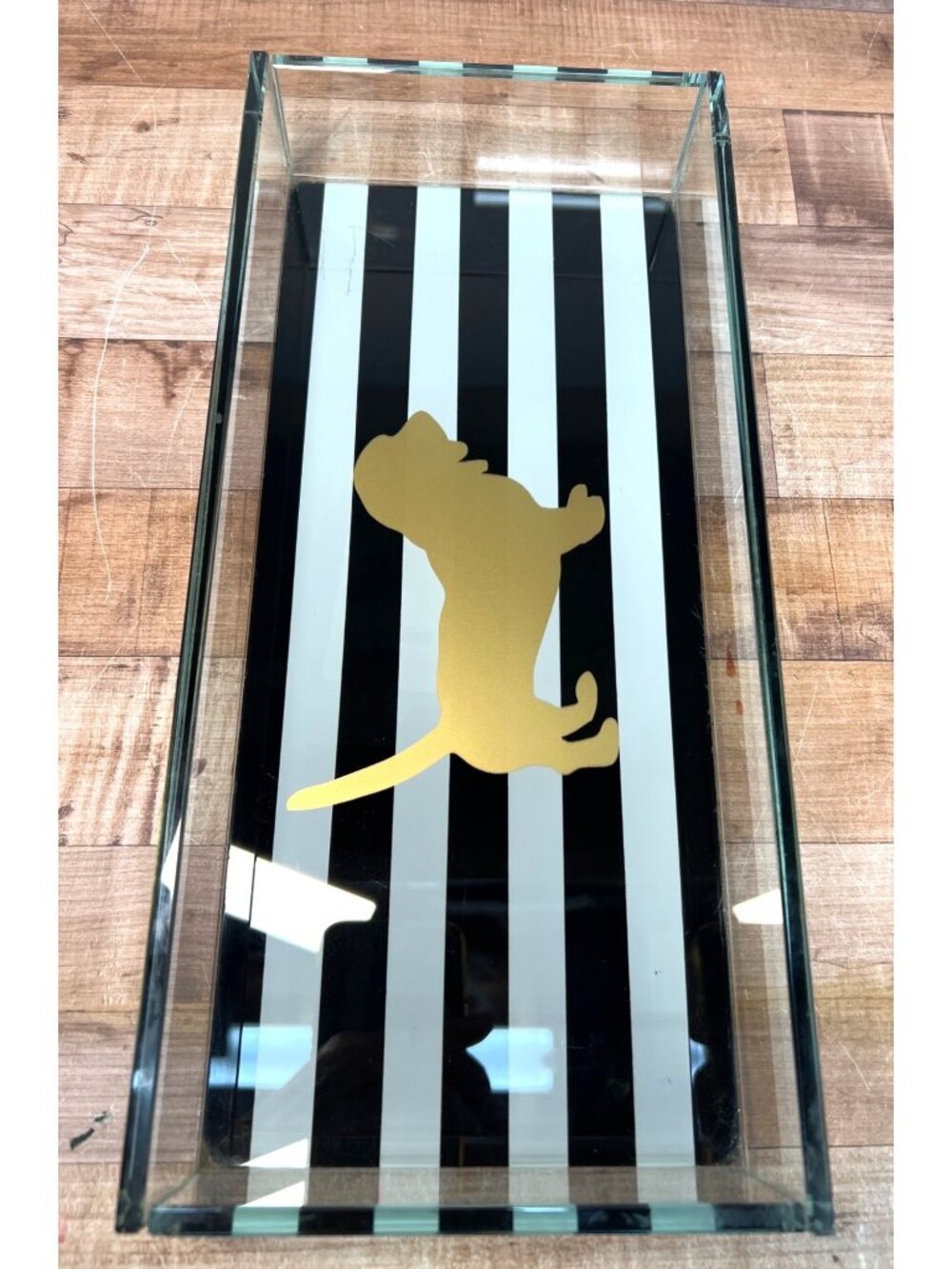 Gold Dog Silhouette Glass Tray Black & White Stripe Decorative Storage Organizer - Picture 5 of 6